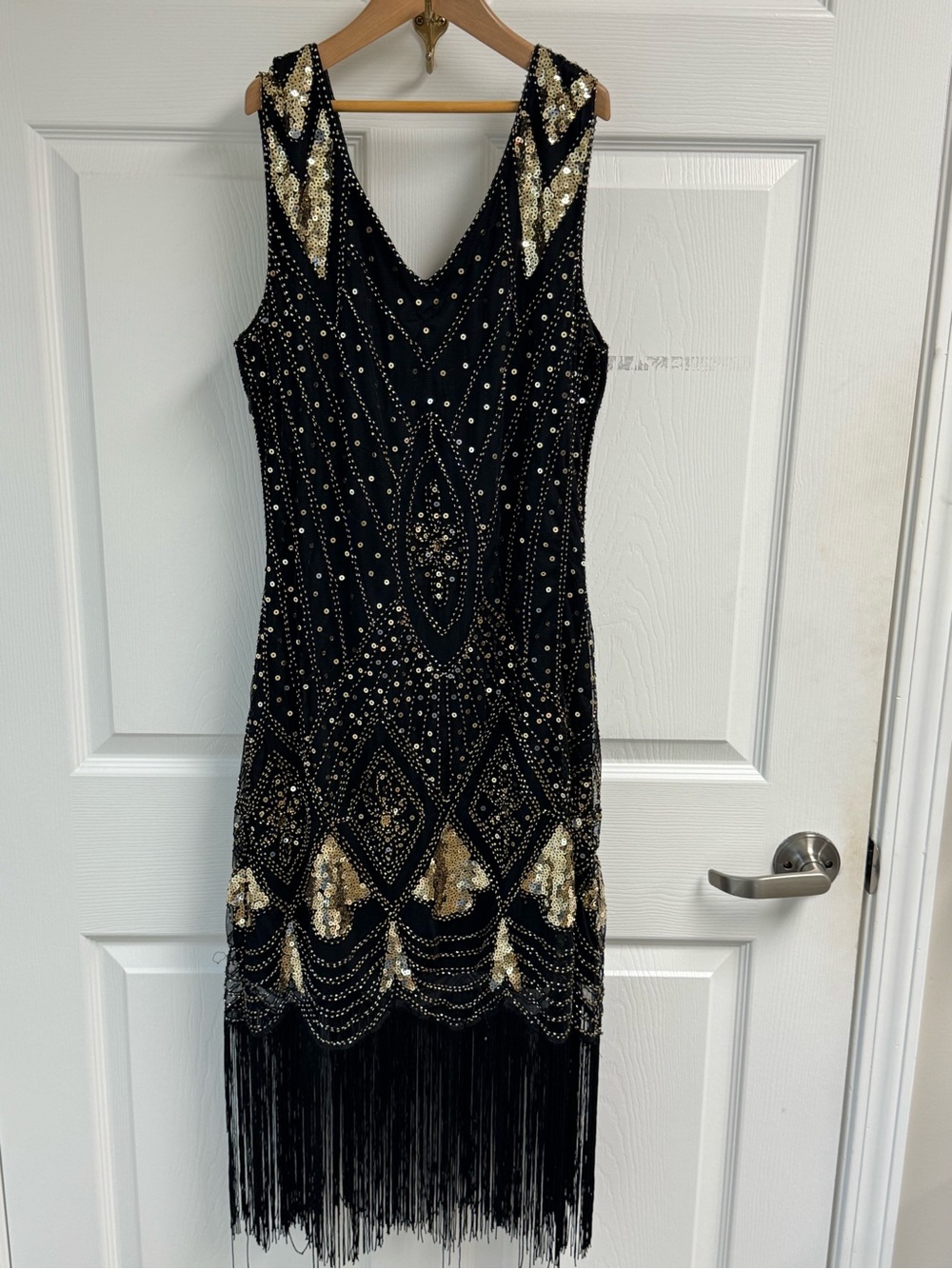 Black & Gold Beaded Fringe Evening Dress M - Picture 3 of 16